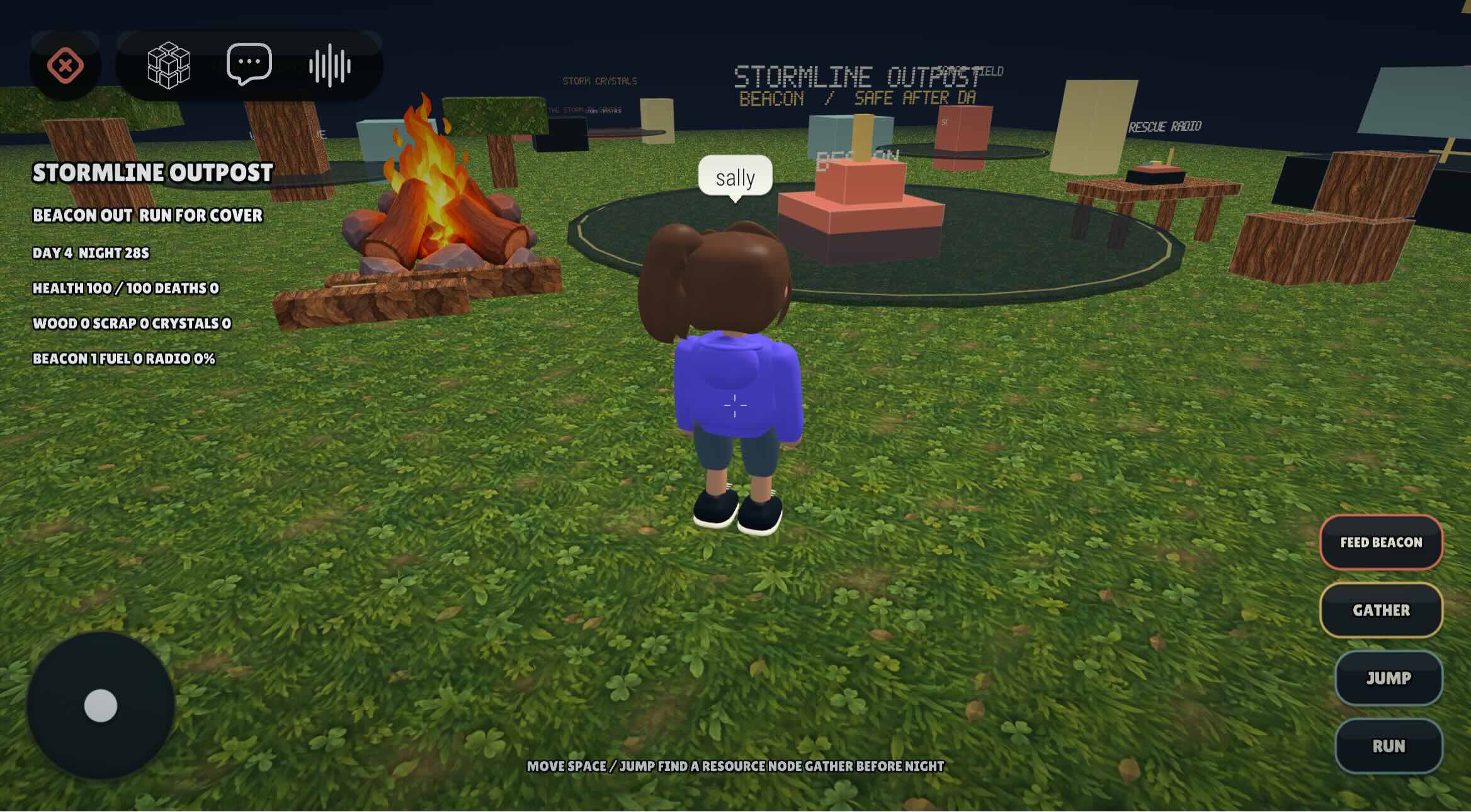Sally exploring the grassy Stormline Outpost game world beside a campfire and beacon