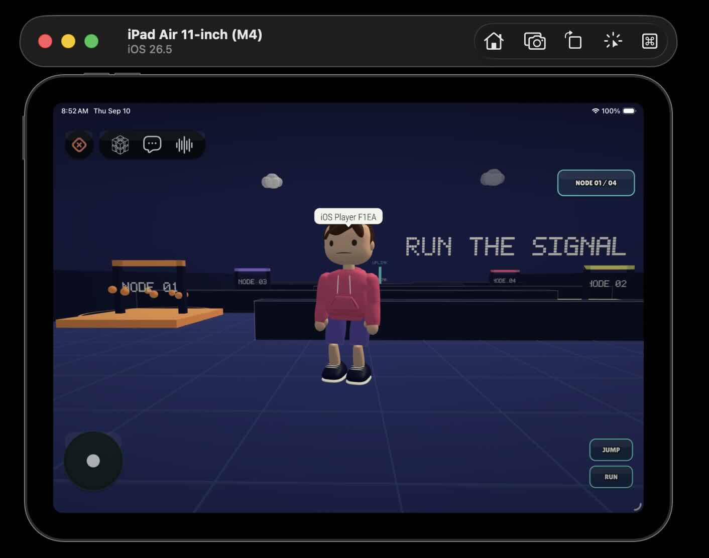Cubacadabra running on an iPad Air with a player standing in the Signal Run level