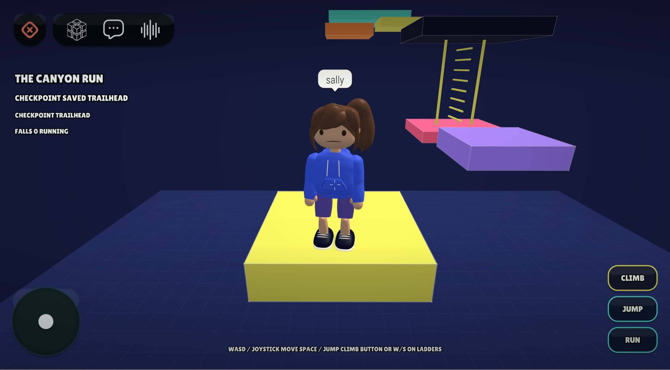 Sally standing at a colorful canyon checkpoint in cubacadabra's platforming game
