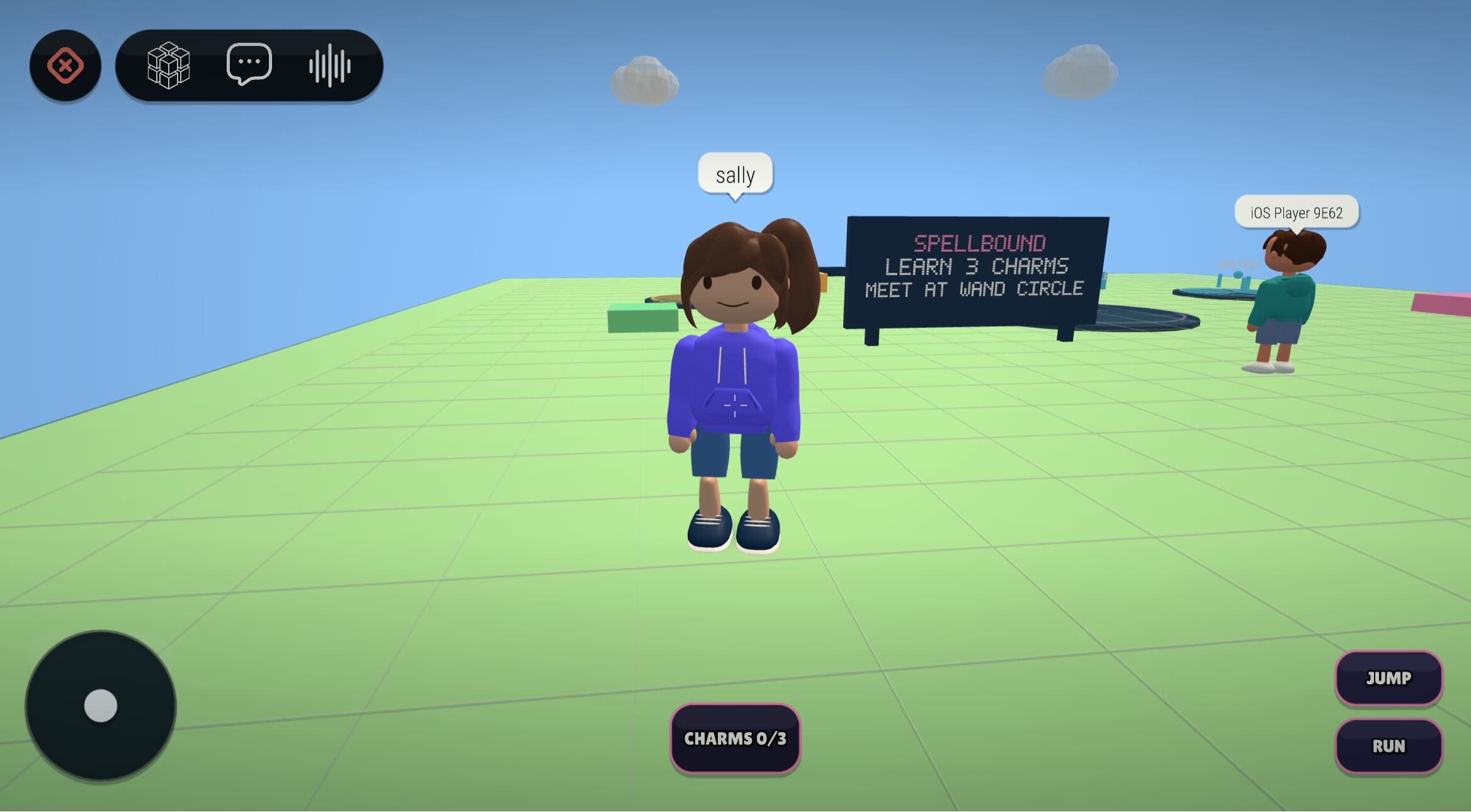 Sally avatar standing in a bright cubacadabra game world with another player in the distance