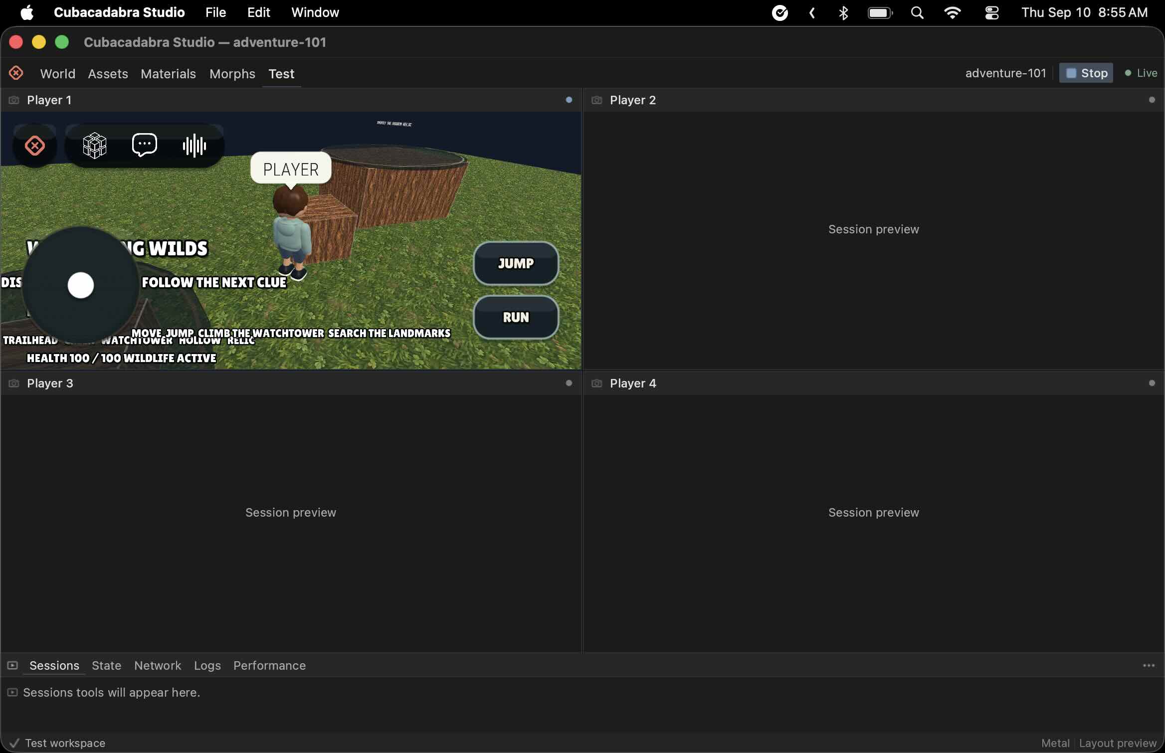 Cubacadabra Studio test workspace showing one active player session and three session preview panels