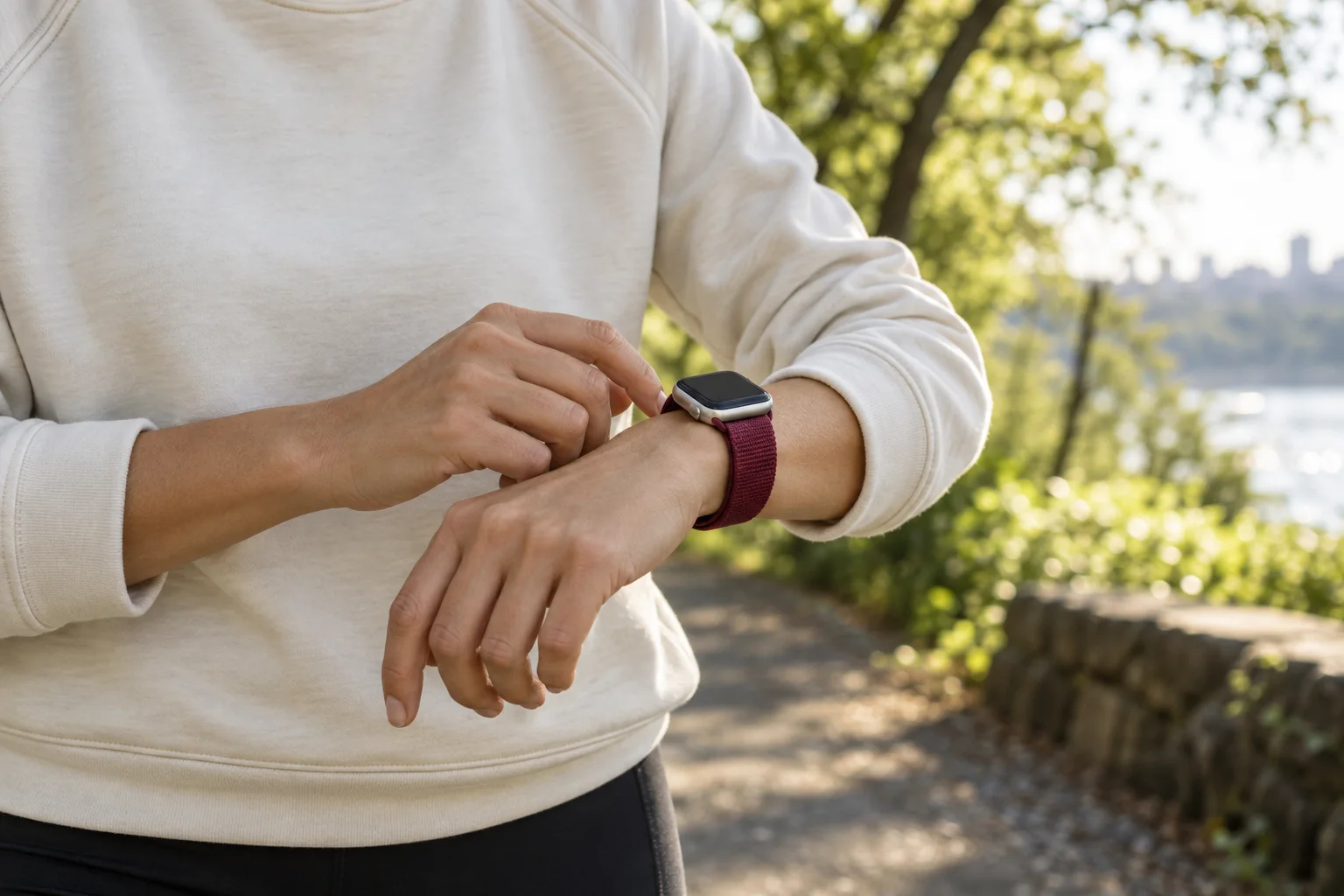A person walking outdoors in the morning, wearing an Apple Watch