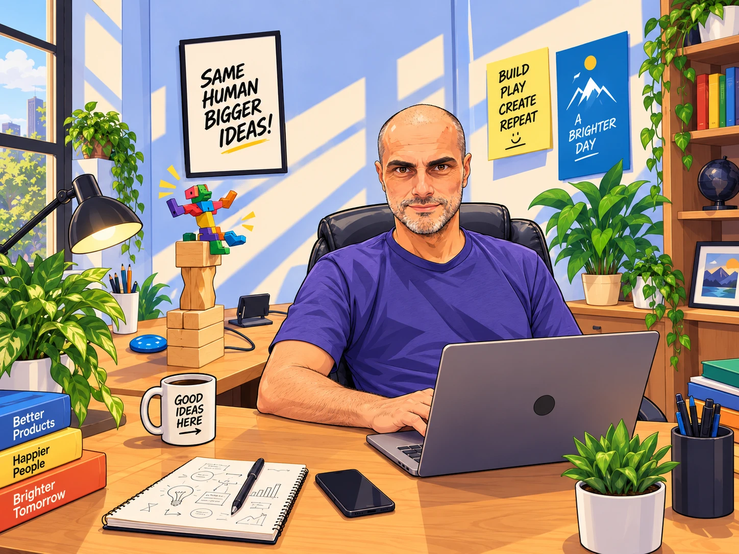 Illustrated portrait of Andrew Arrow at his laptop in a sunlit workspace