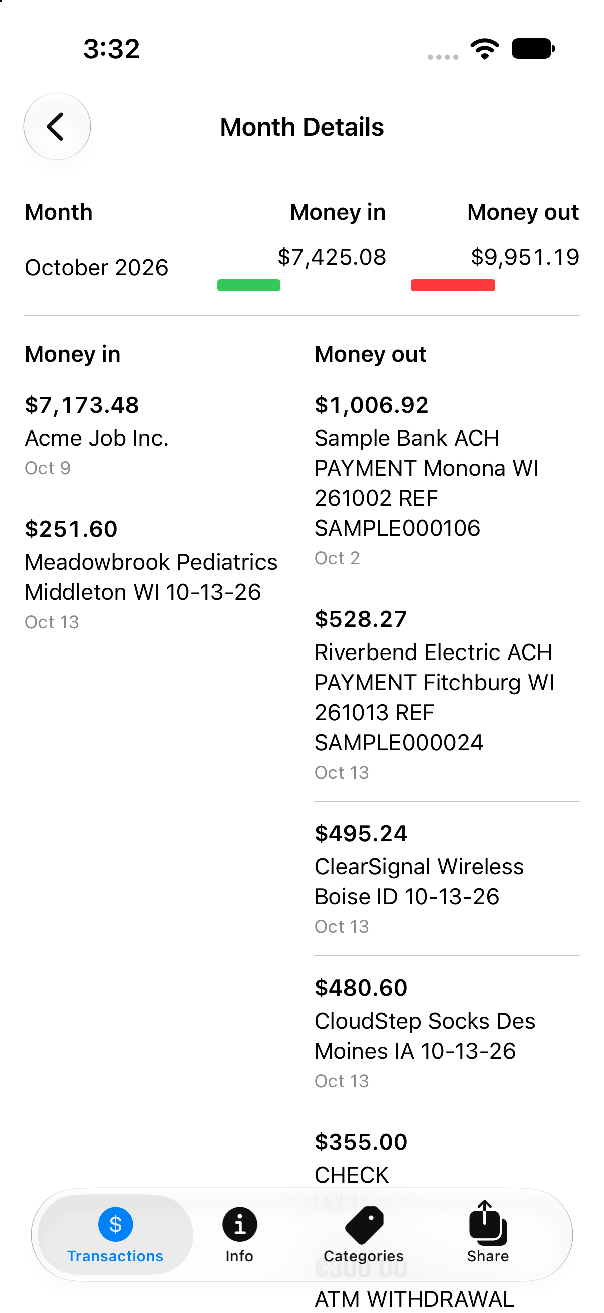 Monthly details listing individual transactions