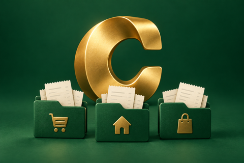 A golden cashew-shaped C above green bins for organizing receipts