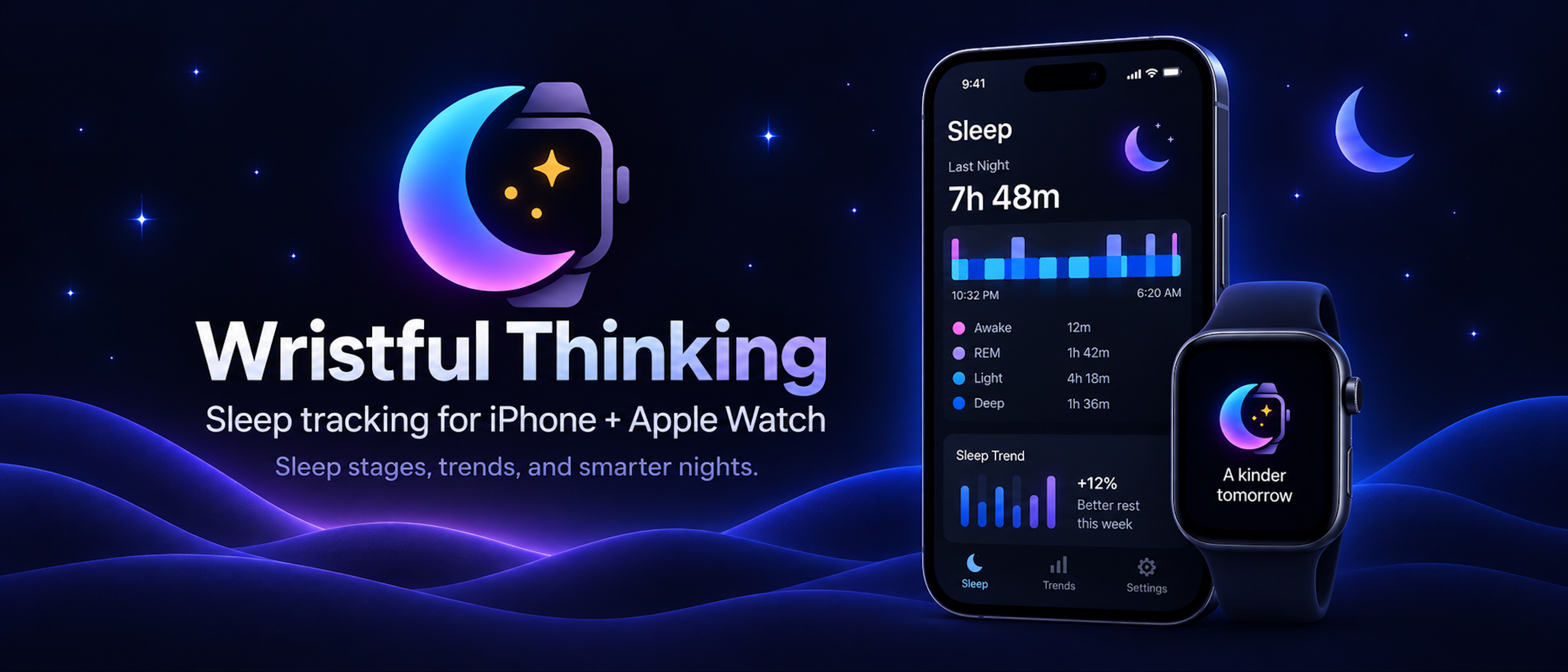 Wristful Thinking sleep tracking for iPhone and Apple Watch, showing a sleep timeline and overnight trends